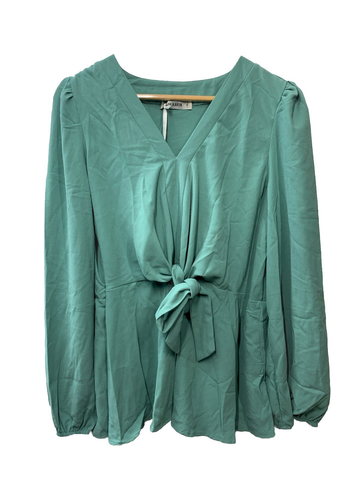 GRACE KARIN Elegant V Neck Peplum Tops Tie Front Long Bell Sleeve Size XL Teal