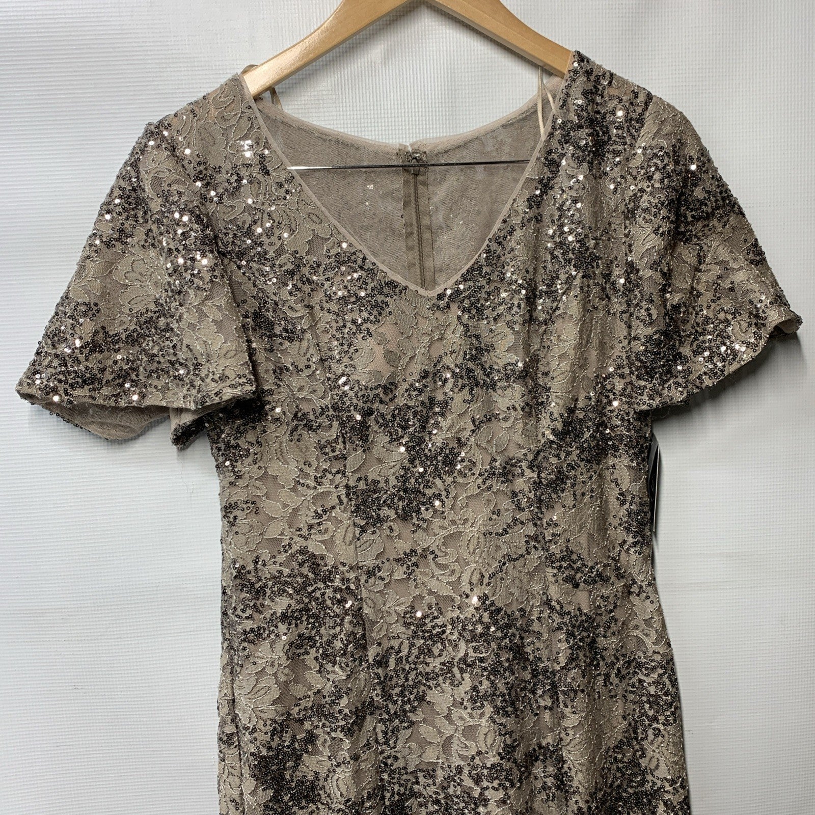 Taupe Alex Evenings long rosette mother of the bride dress for women, size 8, featuring elegant floral details.