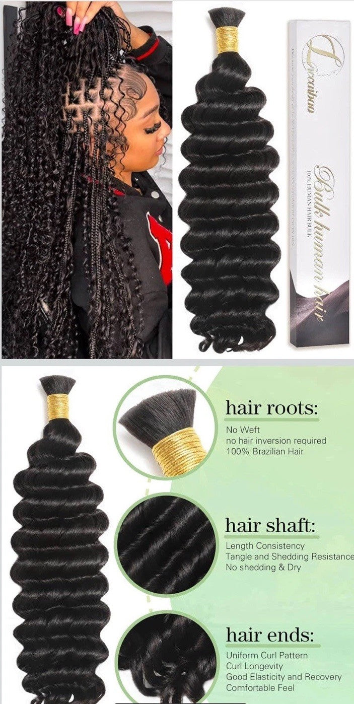 Human Braiding Hair 1B Deep Water Wave Bulk Human Hair 100g 18 Inch Curly Human