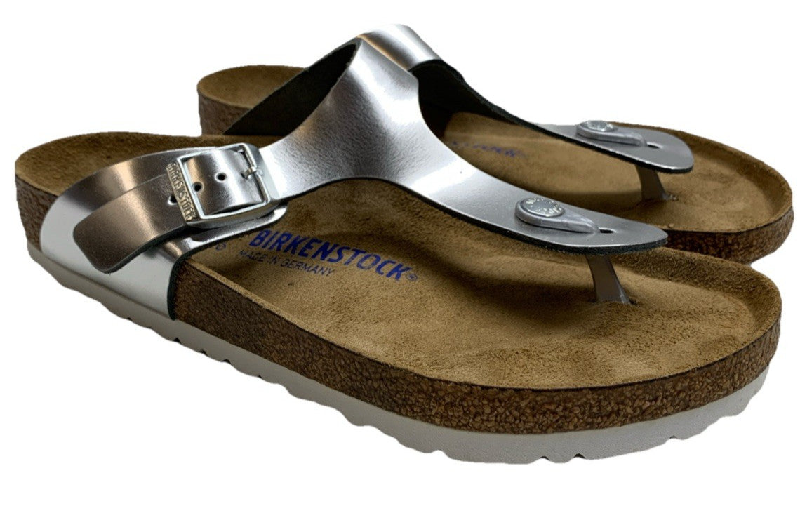 Birkenstock Women's Flip Flop Flo Metallic Sliver Size 10 Slip-on Thong Sandals