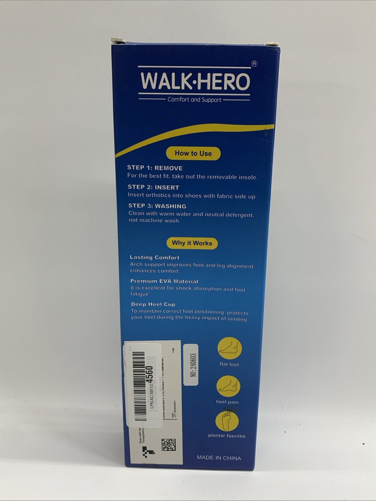 Walk Hero Medical Orthotic Insoles Men’s 5-5.5 | W 7-7.5 Blue for Work Boot/Shoe
