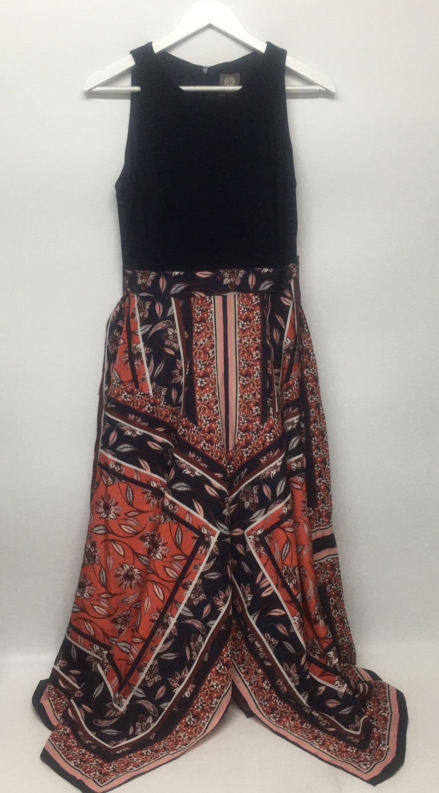 Vince Camuto sleeveless persimmon V-neck dress in size 10, elegant women's dress with handkerchief hem detail.