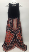Vince Camuto sleeveless persimmon V-neck dress in size 10, elegant women's dress with handkerchief hem detail.