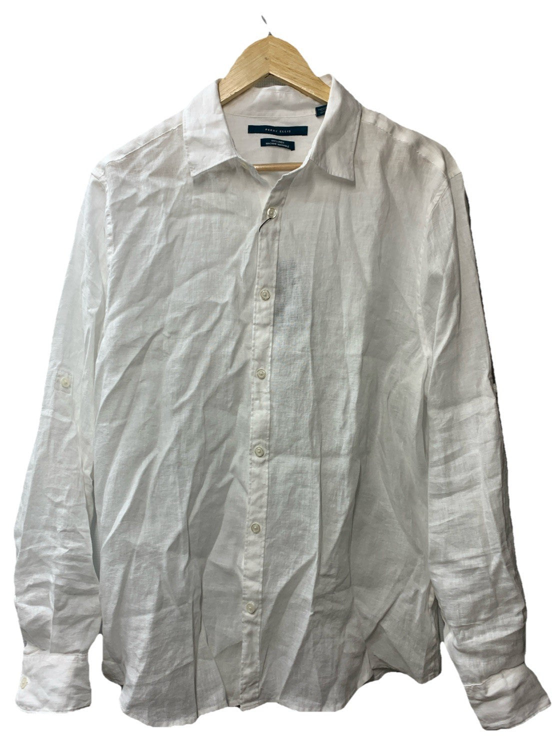 Perry Ellis Mens Roll Sleeve 100% Linen Button-Up Shirt Long Sleeve Size L White