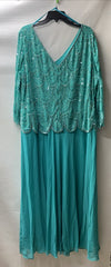 J Kara Women's V-neck Beaded Bodice Pop Over Long Dress, Aqua/Multi, Size 20W