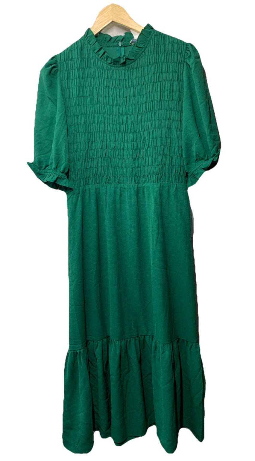 London Times Women's Smocked Bodice Ruffle Neck Puff Sleeve Midi Size 6 Green