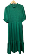 London Times Women's Smocked Bodice Ruffle Neck Puff Sleeve Midi Size 6 Green