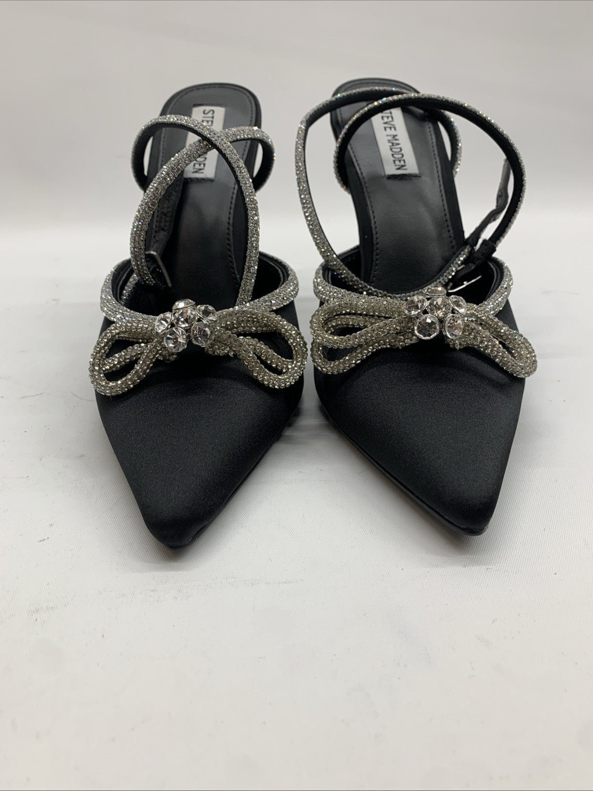 Steve Madden Viable High Stiletto Embellished Ankle Strap Size 10 Satin Black