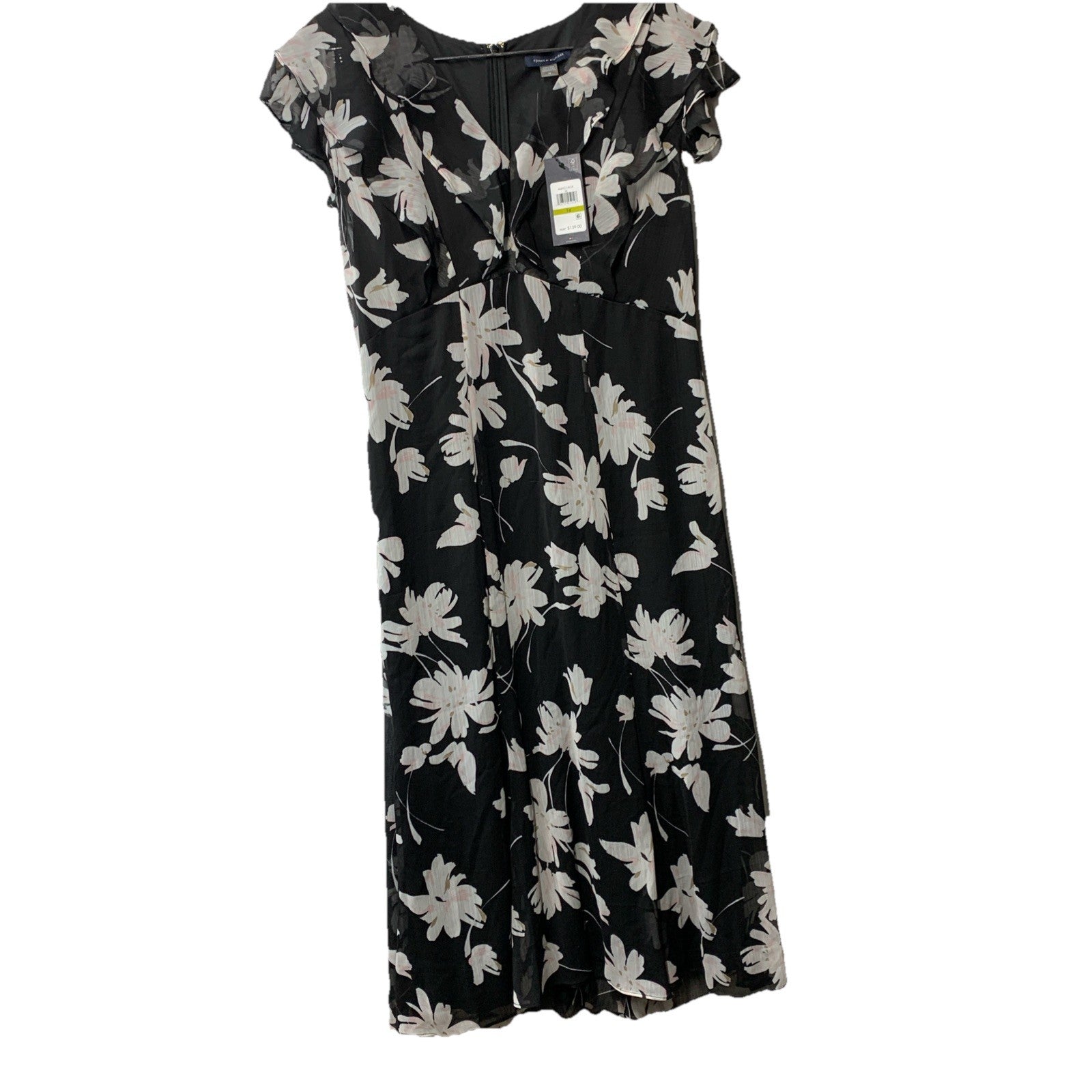 Tommy Hilfiger Women's Chiffon Flutter Sleeve and Hem V-Neck Midi Dress Size 14