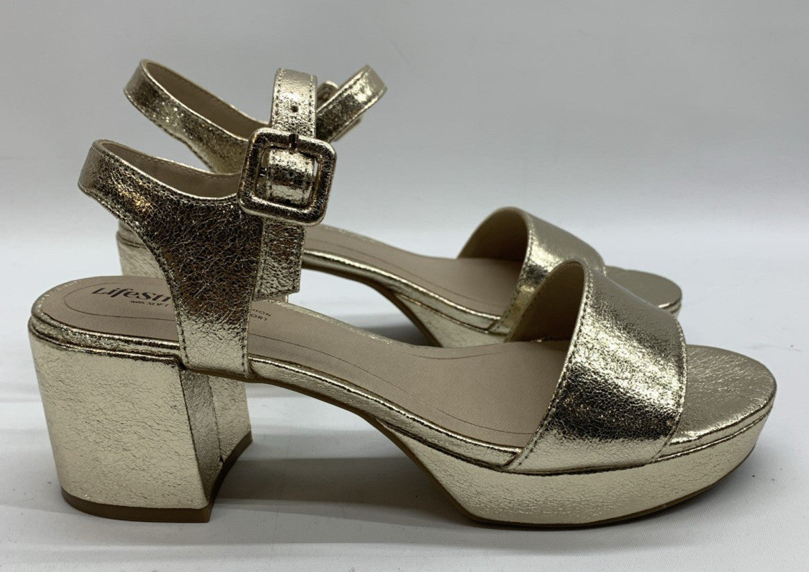 LifeStride Womens Rhythmn Platino Metallic Gold Size 8M Open Toe Platform Block