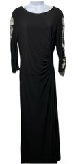 S.L. Fashions Women's Long Ruched Waist Evening Dress Beaded Illusion Sleeve 14