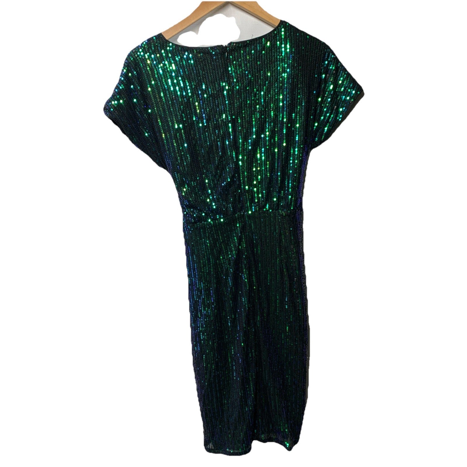 Green Grace Karin bodycon sequin party dress with cap sleeves and V-neck, worn by a woman, size small, stylish evening attire.