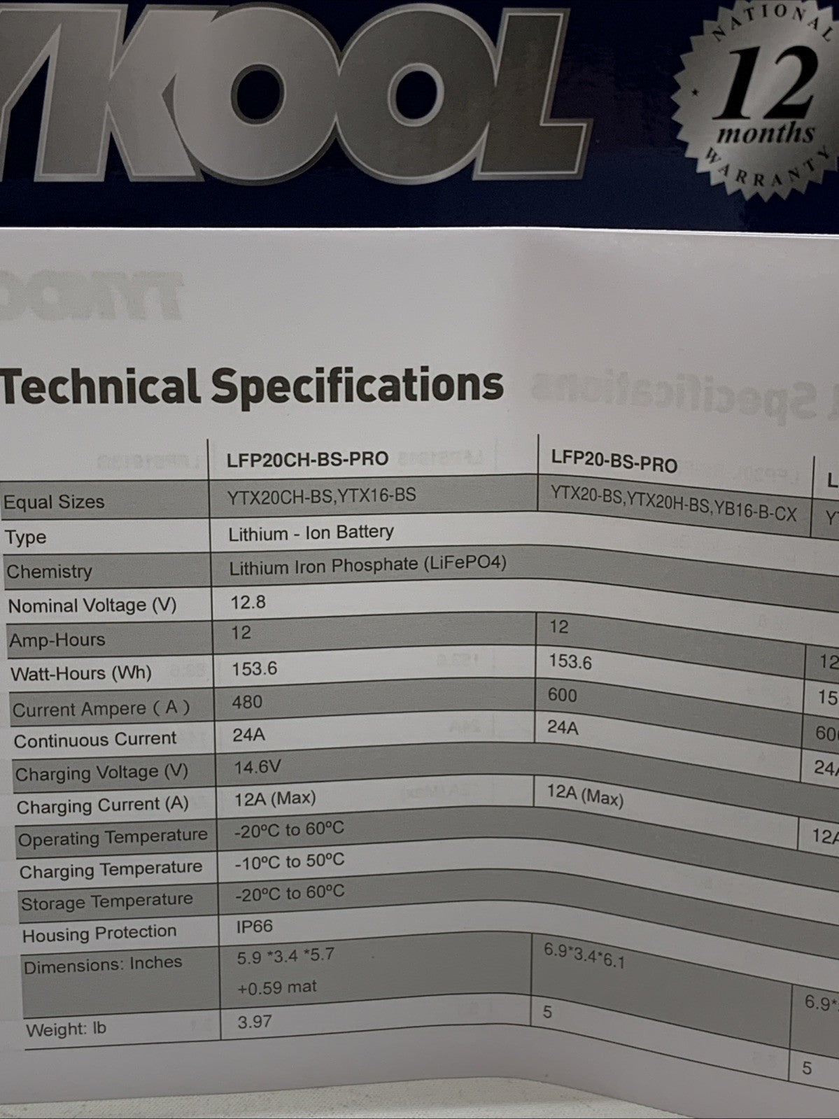 Tykool Lithium Ion Battery LFP20-BS-PRO CA:600 for Jetski Motorcycle Snowmobile
