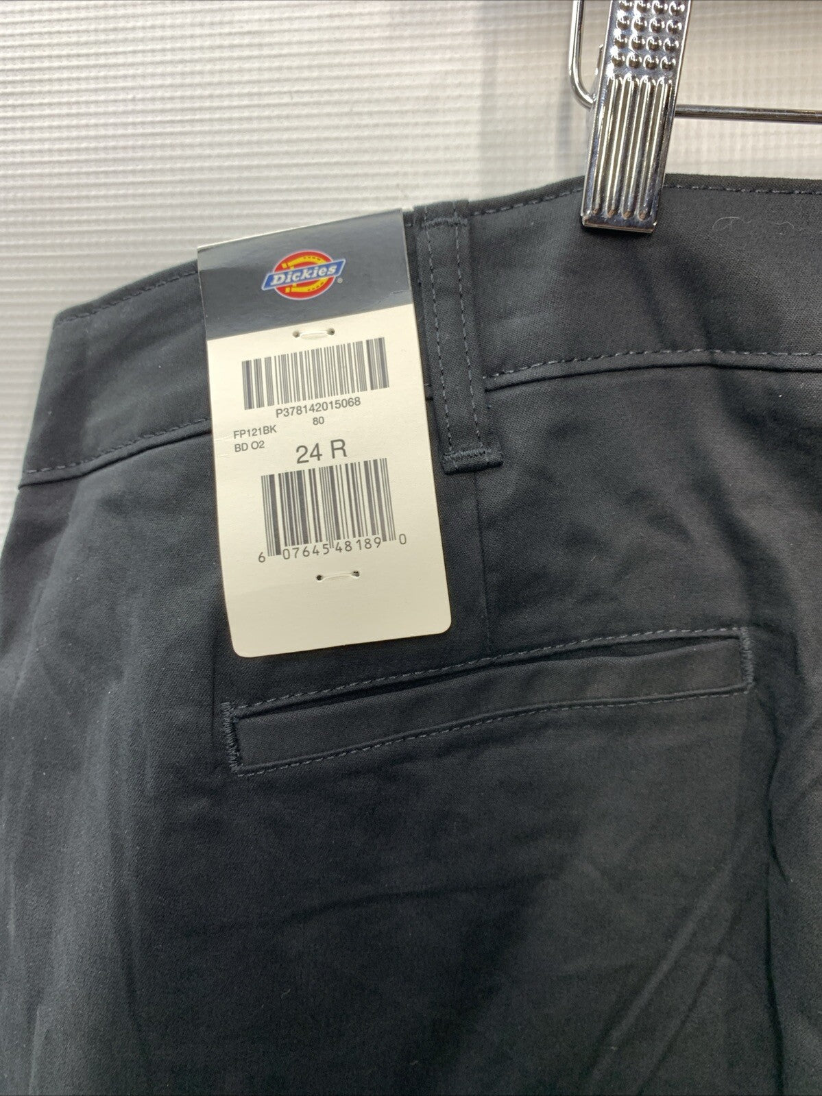Dickies women's flat front stretch twill long pants in desert black, size 24, regular fit, casual women's clothing.