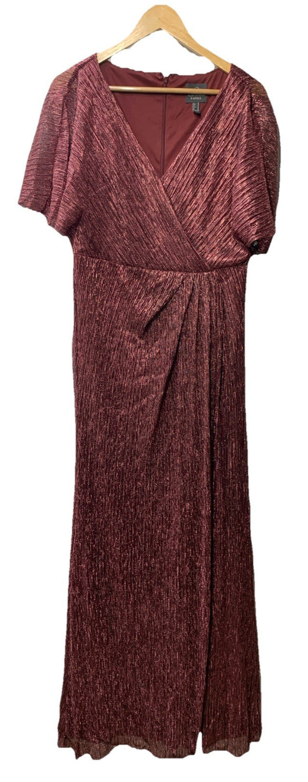 Burgundy Adrianna Papell metallic blouson gown for women, size 10, elegant special occasion dress with a shiny finish.