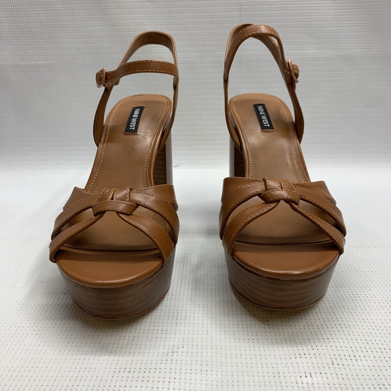 Nine West Women's Rast Platform Block High Heeled Sandal Brown 9M Open Round Toe