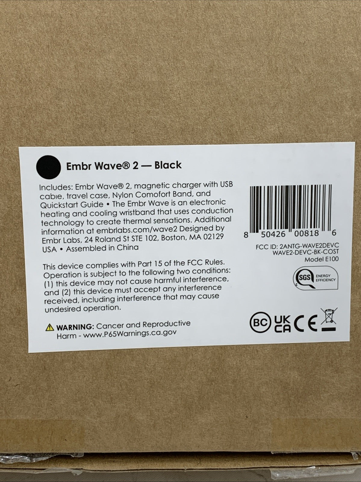 Embr E100 Wave 2 Black Thermal Wristband Rechargeable Bracelet Night Sweats