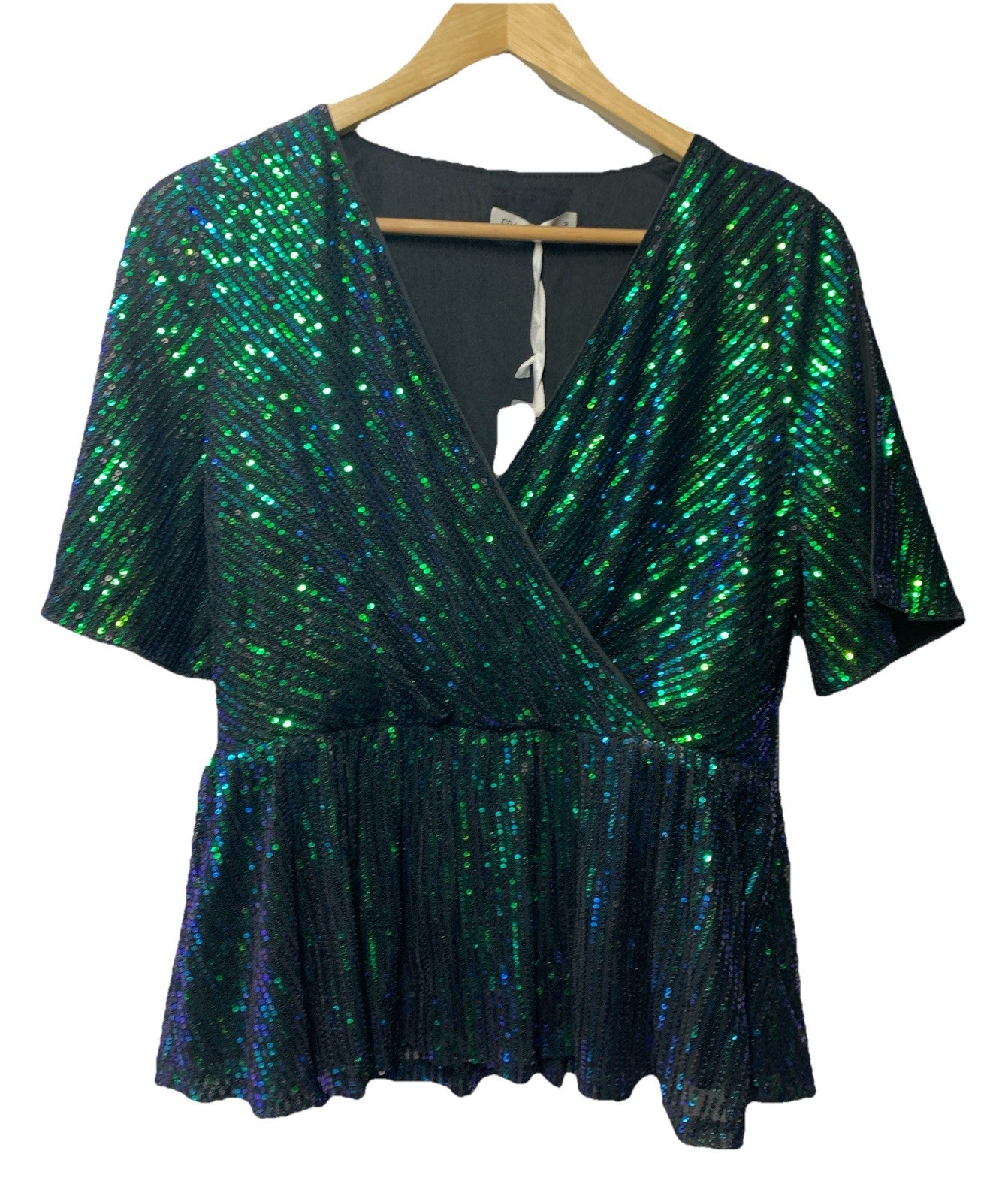 Grace Karin V-Neck Sequined Ruffle Stitching Slim Fit Short Sleeve Size M Green
