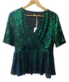 Grace Karin V-Neck Sequined Ruffle Stitching Slim Fit Short Sleeve Size M Green