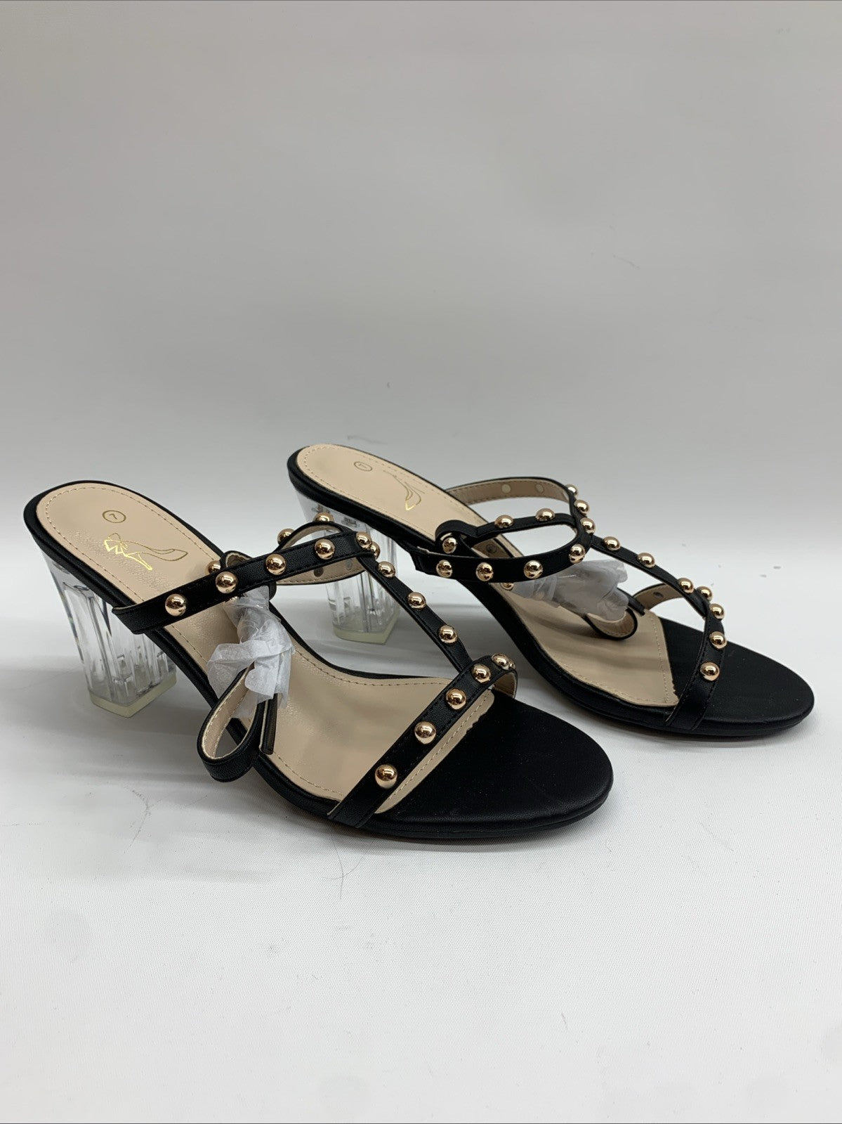 Perphy Rivets Heel Slingback T-Strap Chunky Clear Heels Studded Sandal 7 Black