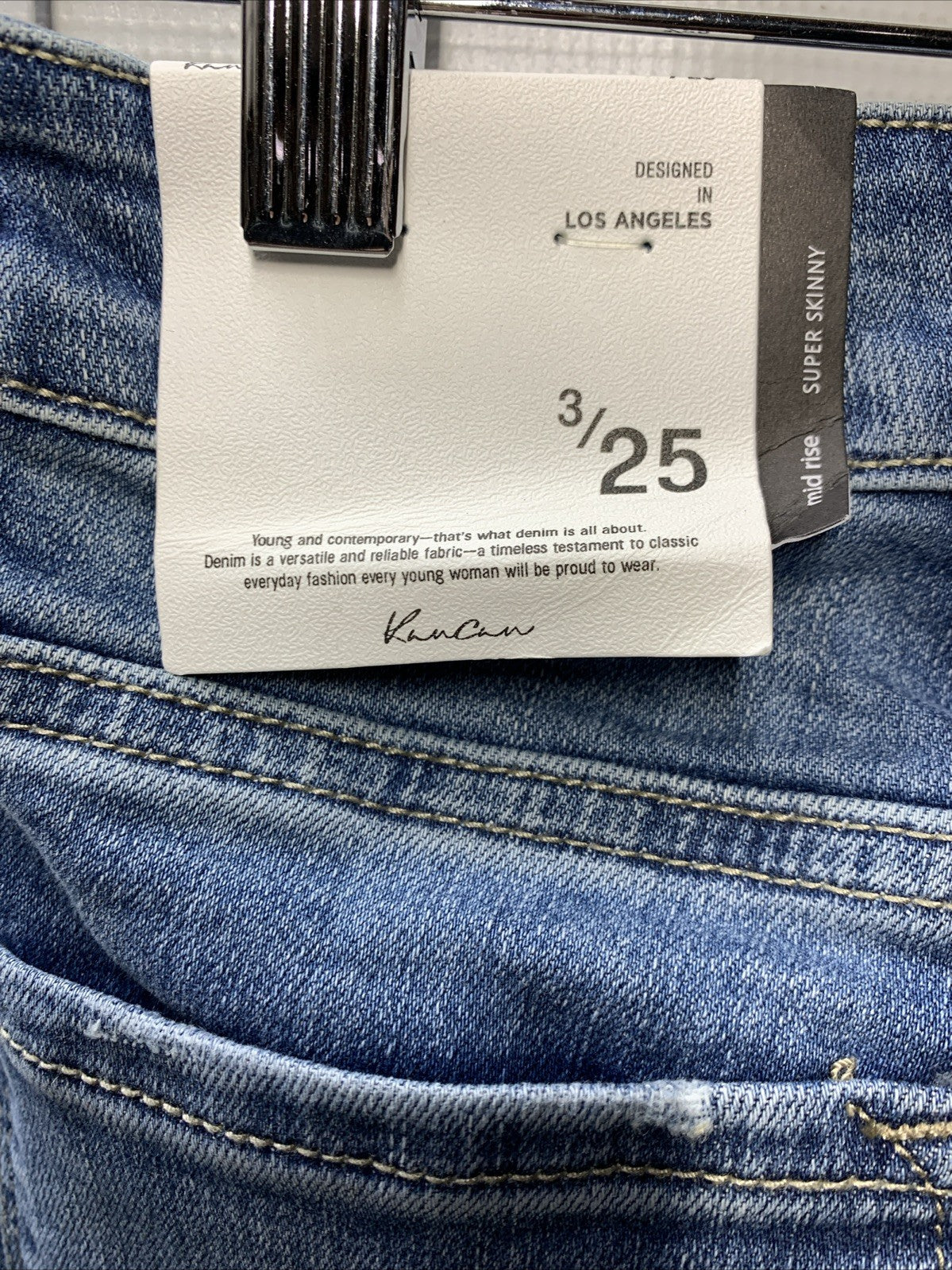 Kancan Women's Mid Rise Ankle Super Skinny Slim Blue Jeans Size 3/25 Long Pants
