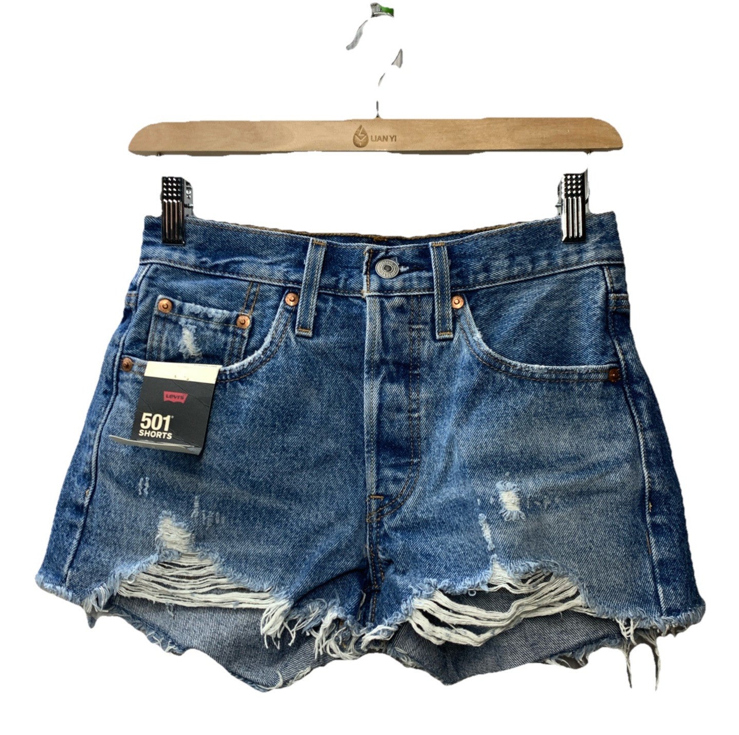 Levi's 501 Denim High Waist Cut Off Jeans Shorts Size 24 Athens Medium Wash Blue