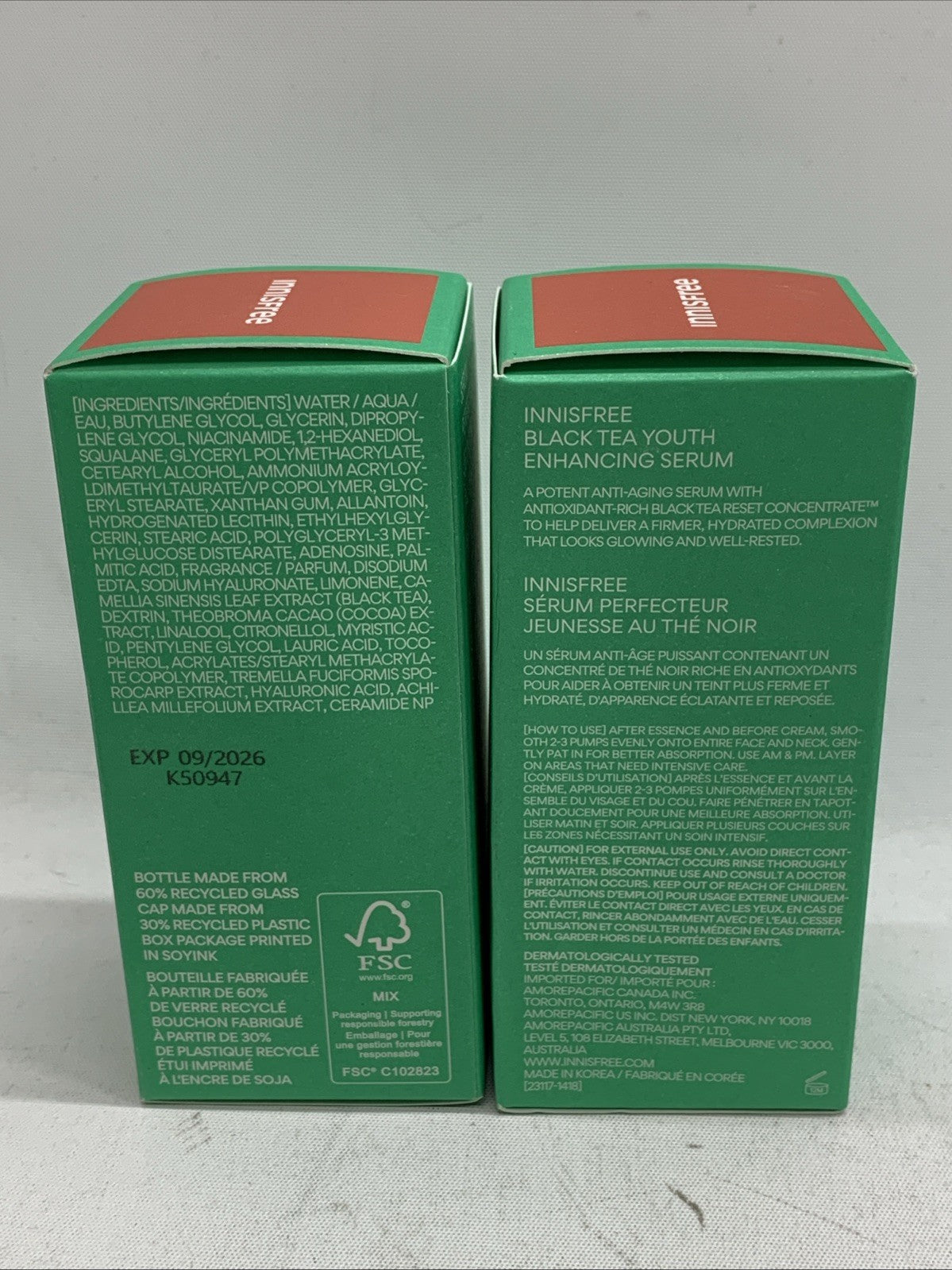 Innisfree Black Tea Youth Enhancing Facial Serum 30ml/1.01 fl.oz - Lot Of 2