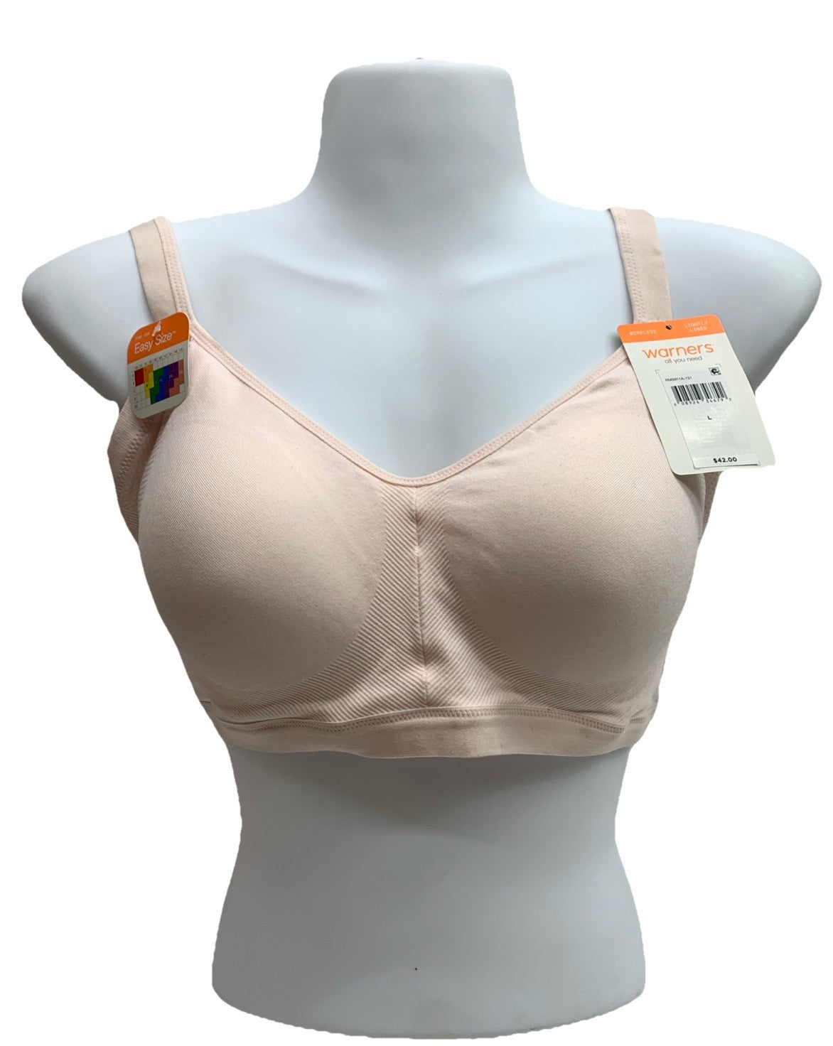 Light beige Warner's women's wireless bra with seamless design and light lining, soft and comfortable for everyday wear.