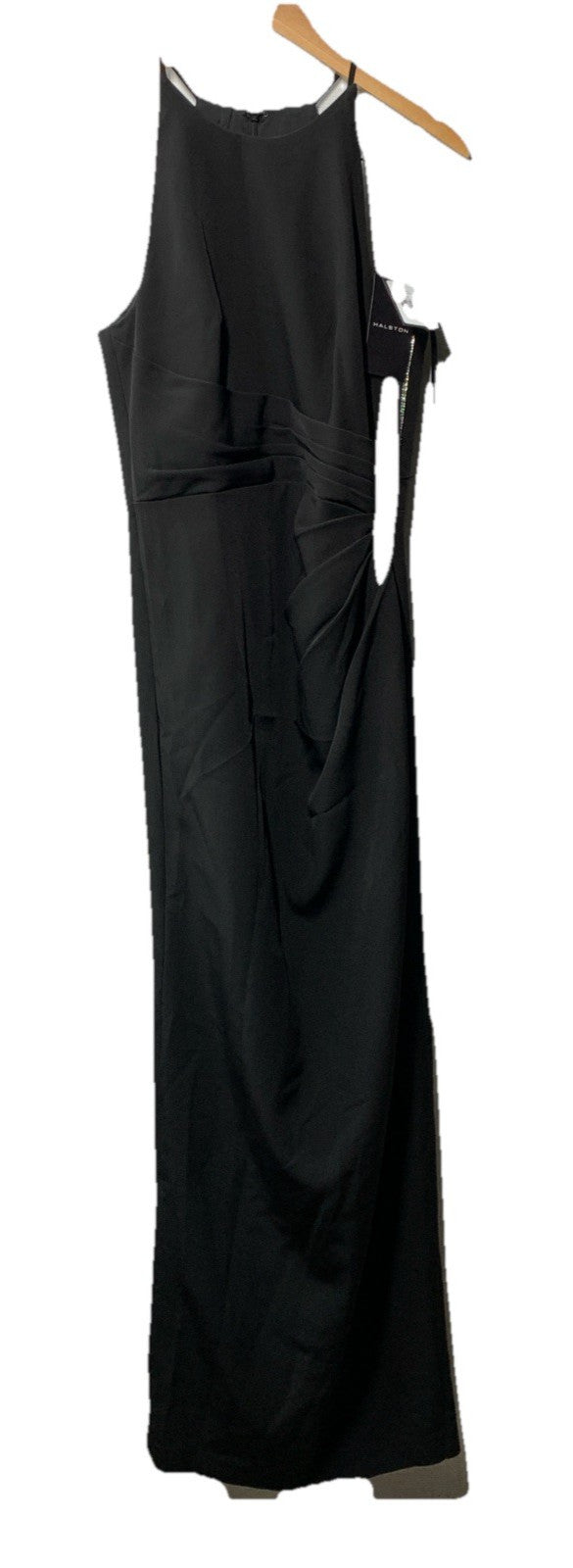 HALSTON Women's Annika Gown Dress Stretch Crepe Halter Black Sleeveless Size 8
