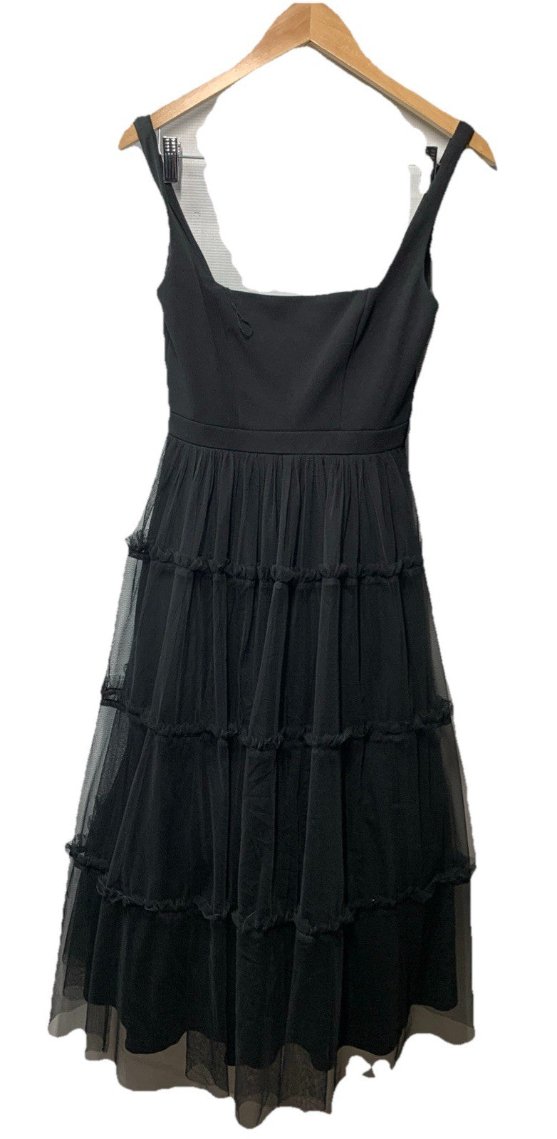 Black Adrianna Papell women's square-neck midi mesh dress with back zip closure, size 2, stylish evening wear.
