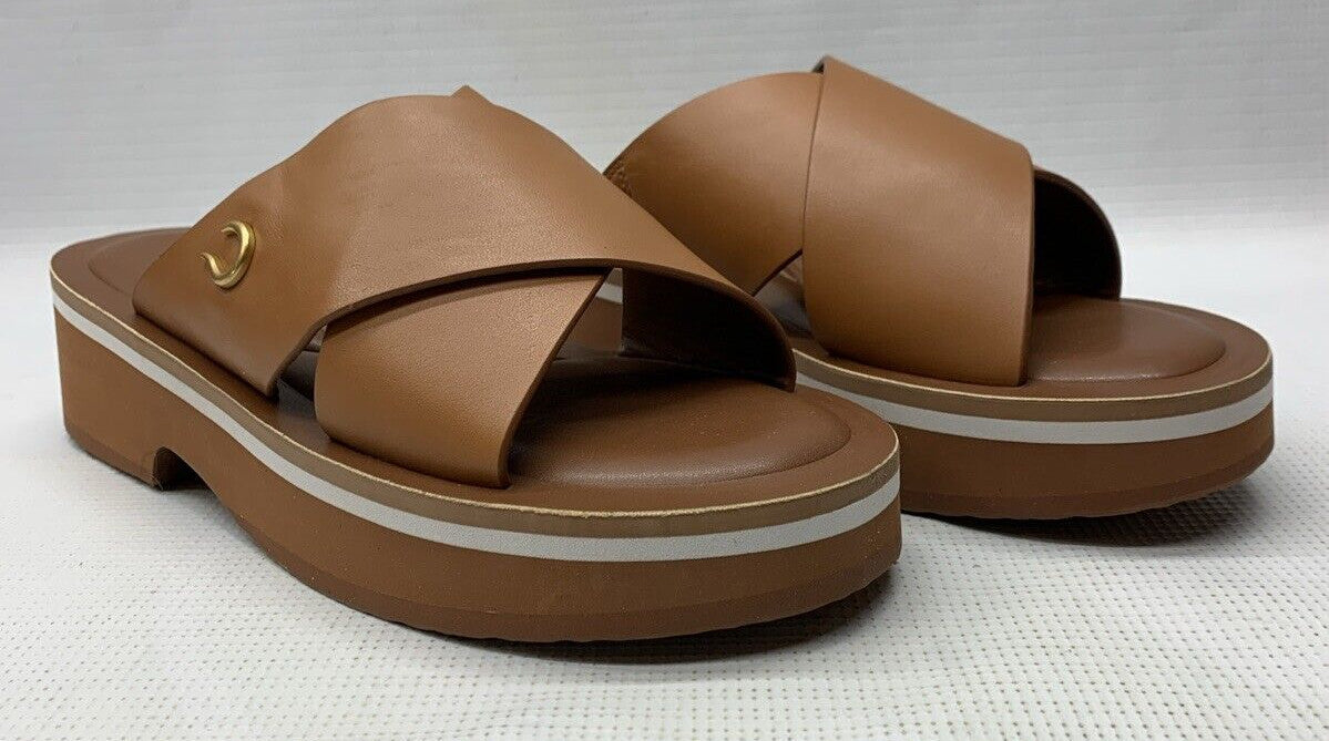 Aerosols Leather Charlie Slide Sandal 8M Tan Leather Slip On Block Heel Brown