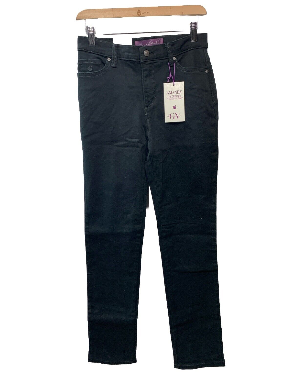 Gloria Vanderbilt Black Denim AMANDA Straight Leg Cotton Blend Size 4 Long Pants