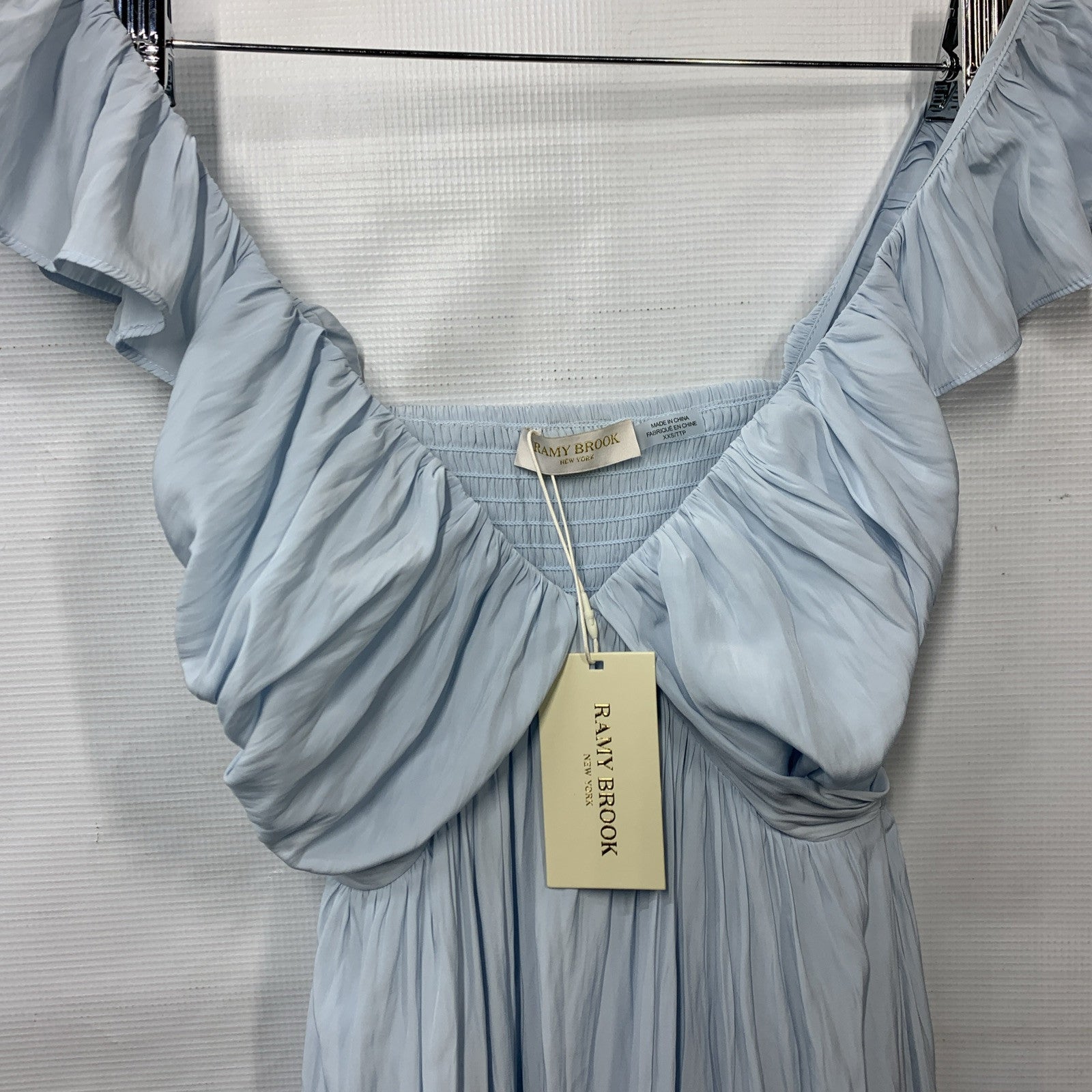 Ramy Brook Dress Satin Tiered Ruffle Baby Blue Nelly Smocked Dress XXS V-Neck