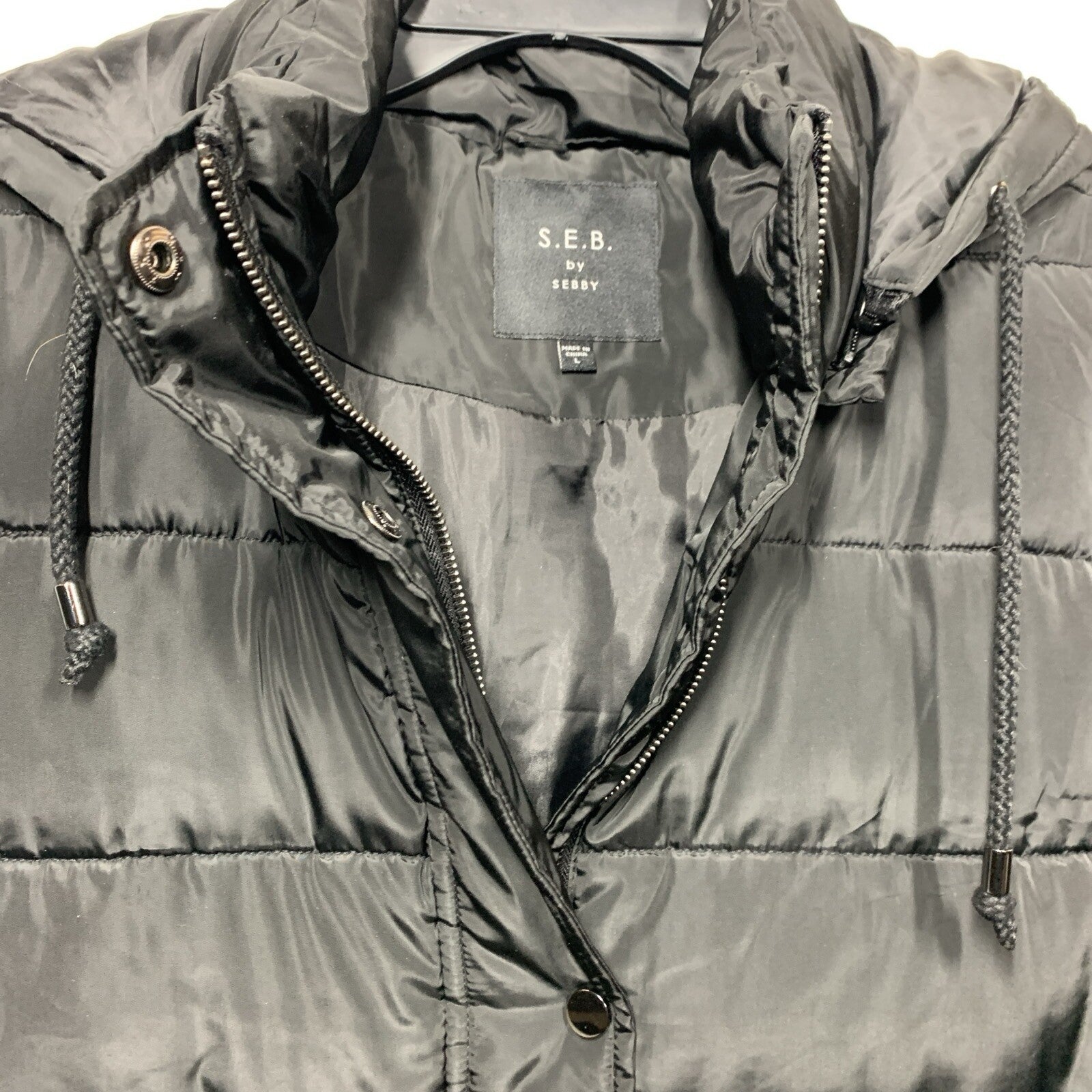 Sebby S.E.B. SSP1418 Womens Black Detachable Hood Zip Long Puffer Vest Size L