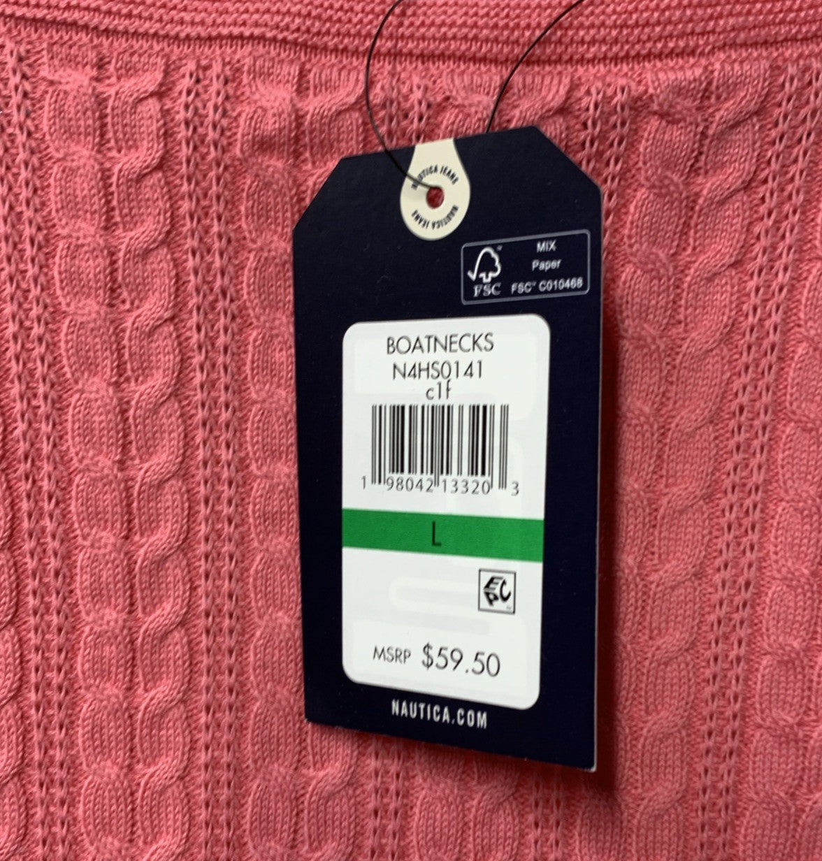 Pink Nautica women's cable knit sweater with long sleeves and boatneck, made of cotton, size large, from The Family Flips.