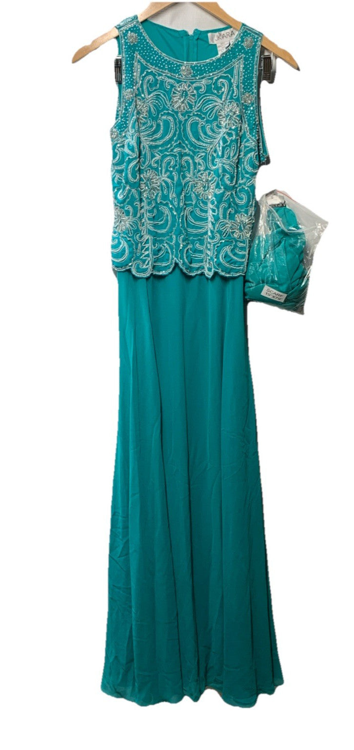 J Kara Sleeveless Scallop Trim Beaded Dress Wedding Formal with Scarf Size 6