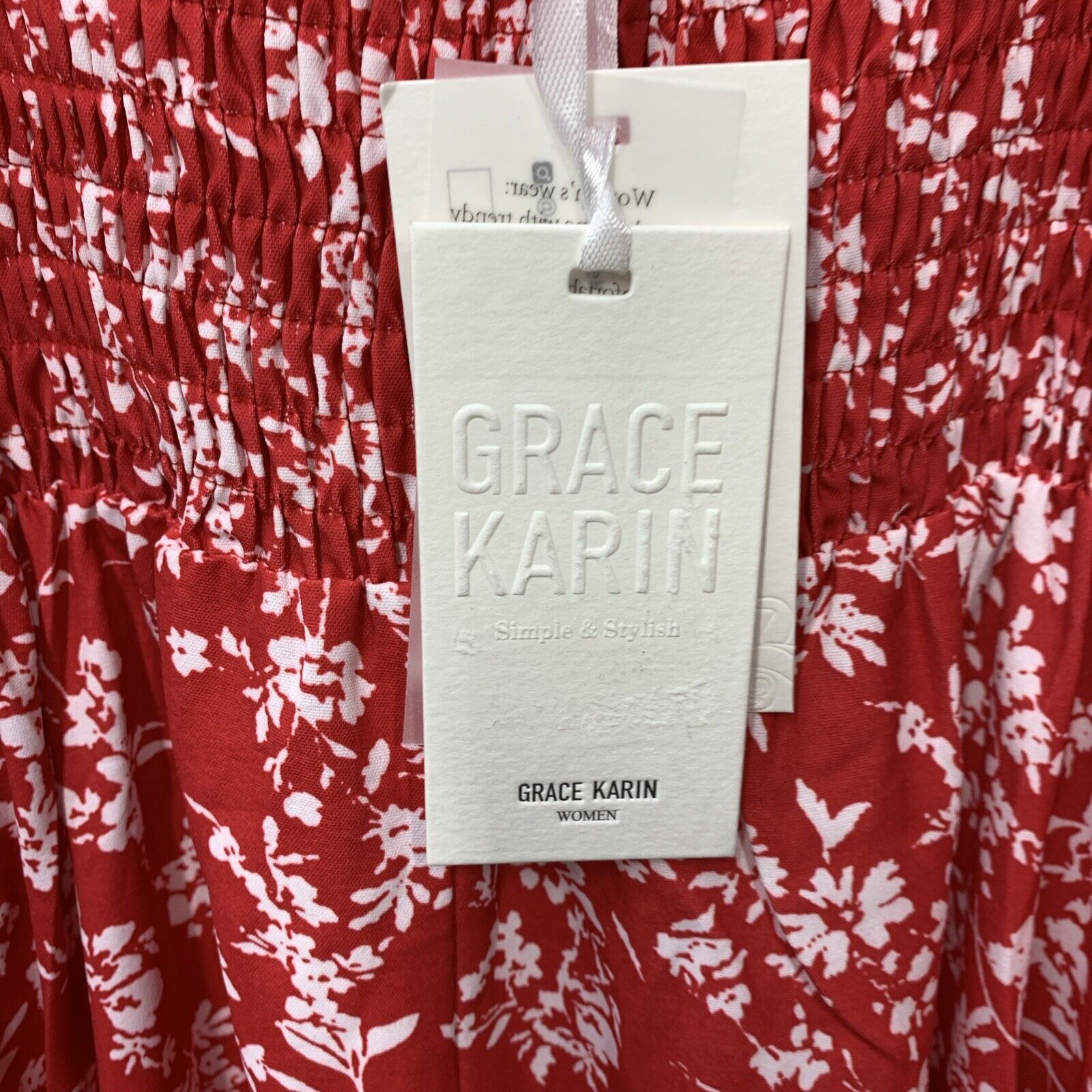 GRACE KARIN Women's Summer Floral Boho Dress Square Neck Strapped Swing Red (L)
