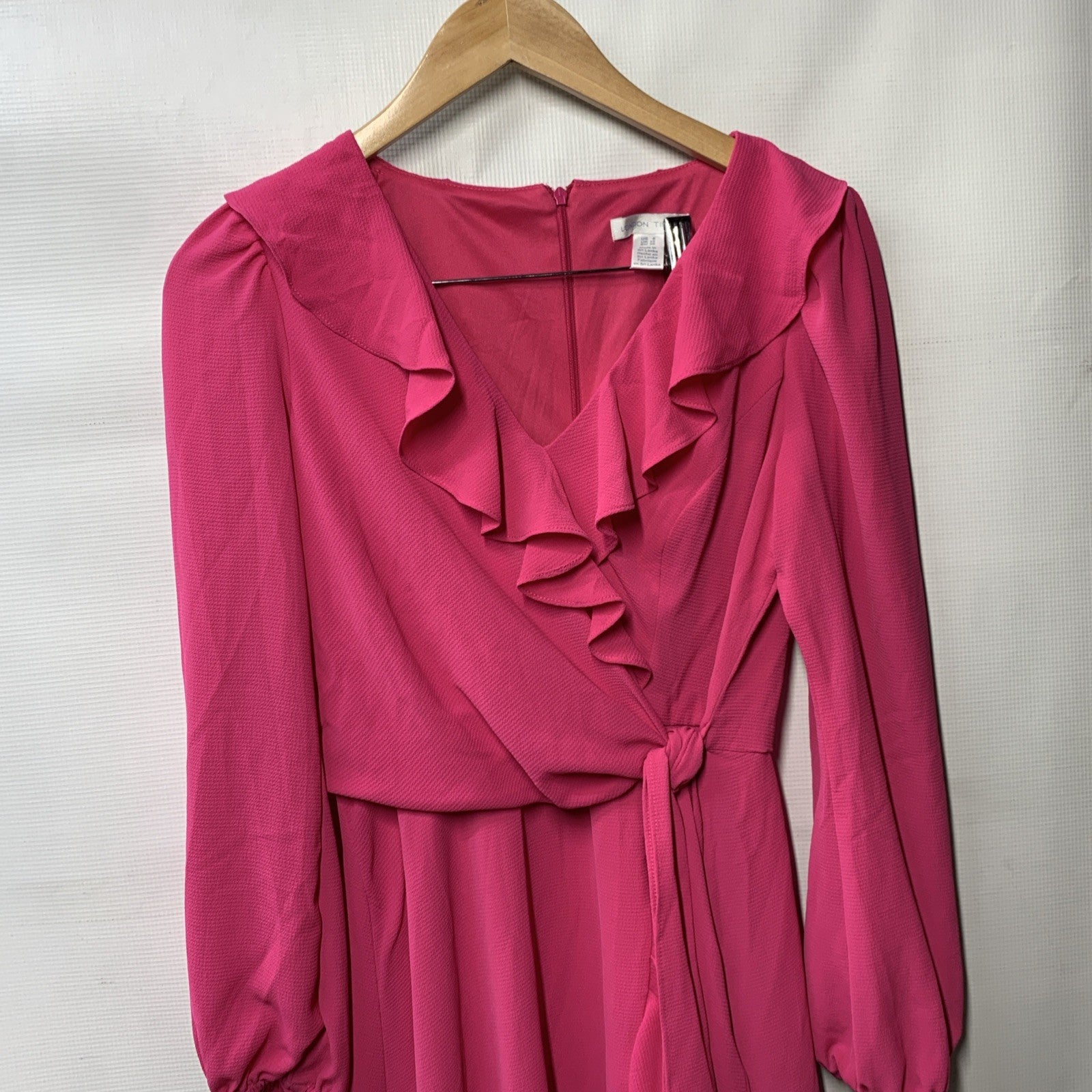 Pink London Times V-neck long sleeve dress with ruffle details, casual women's clothing size 6, by The Family Flips.