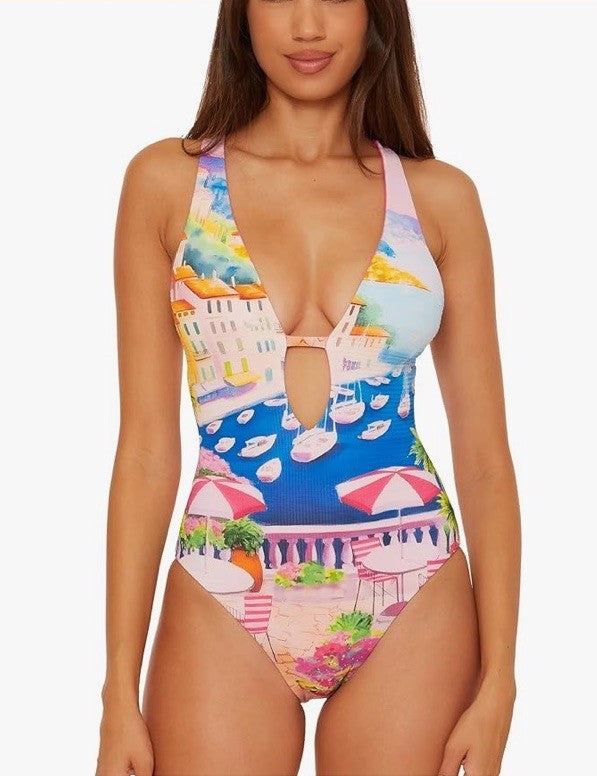Becca Womens Positano One Piece Swimsuit With Plunge Neck, Reversible Size Large