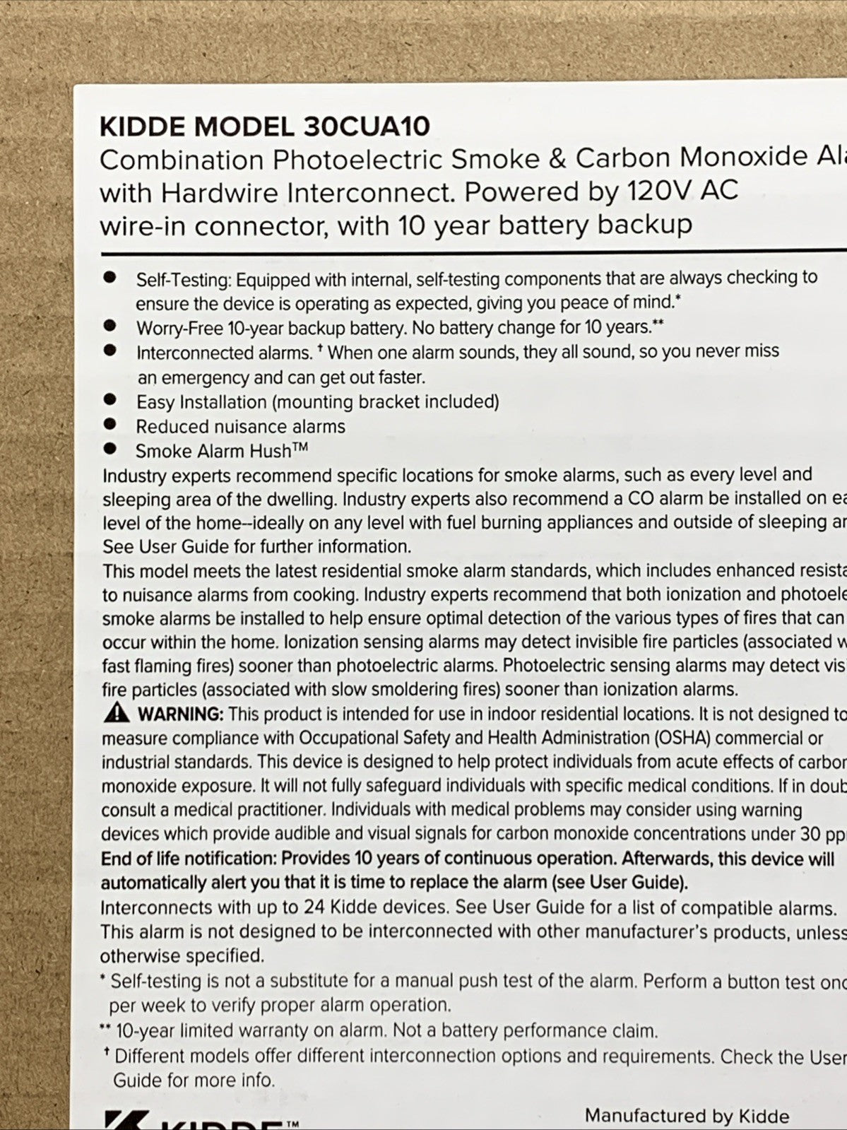 Kidde 30CUA10 21032853 Detect Smoke & Carbon Monoxide Alarm Detector Hardwired