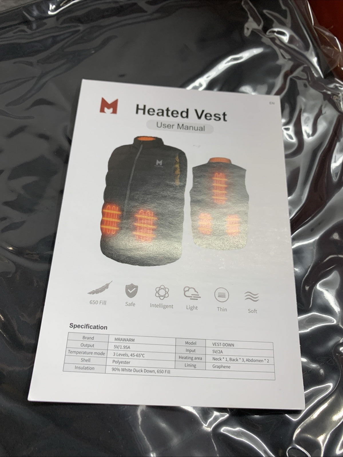 MrawarmHeated Vest 650 Fill Thin Soft XL Black Lightweight for Outdoor Winter