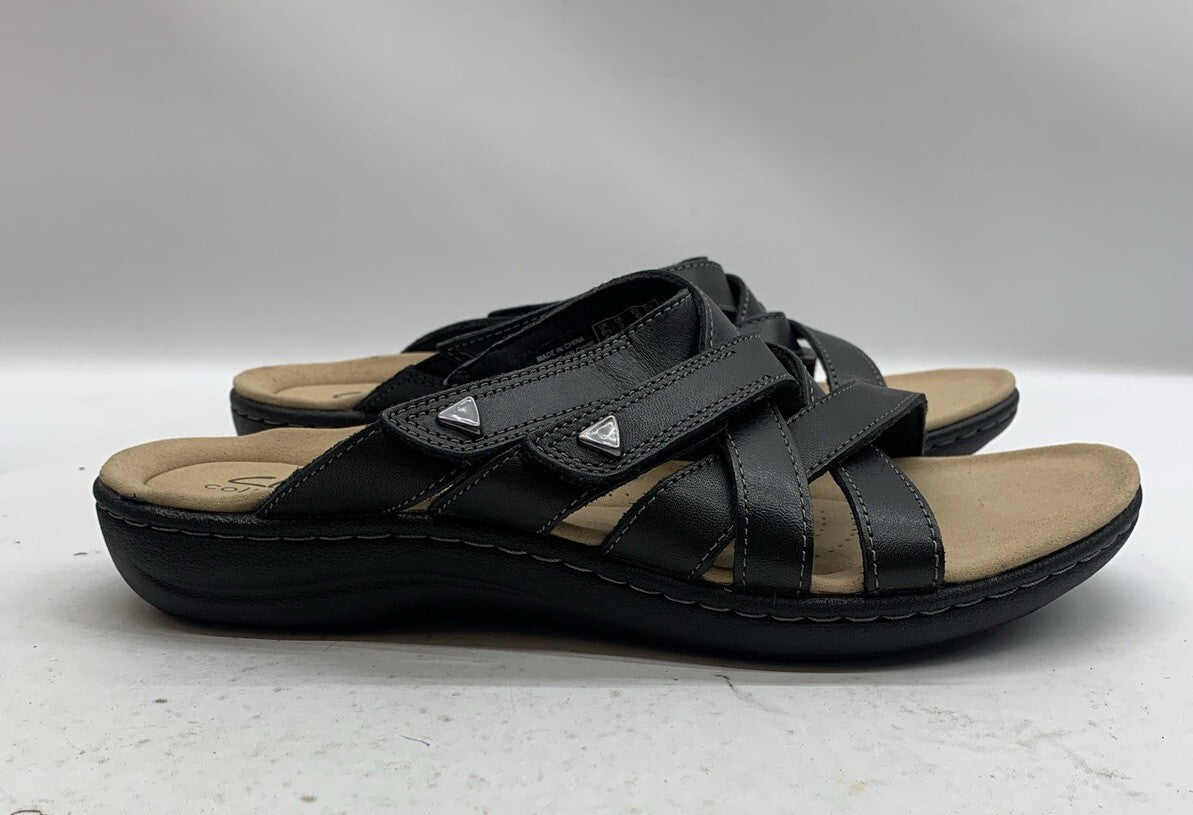 Women's Clarks Laurieann Bali Sandals Black Leather Size 9 Open Toe Slip-on