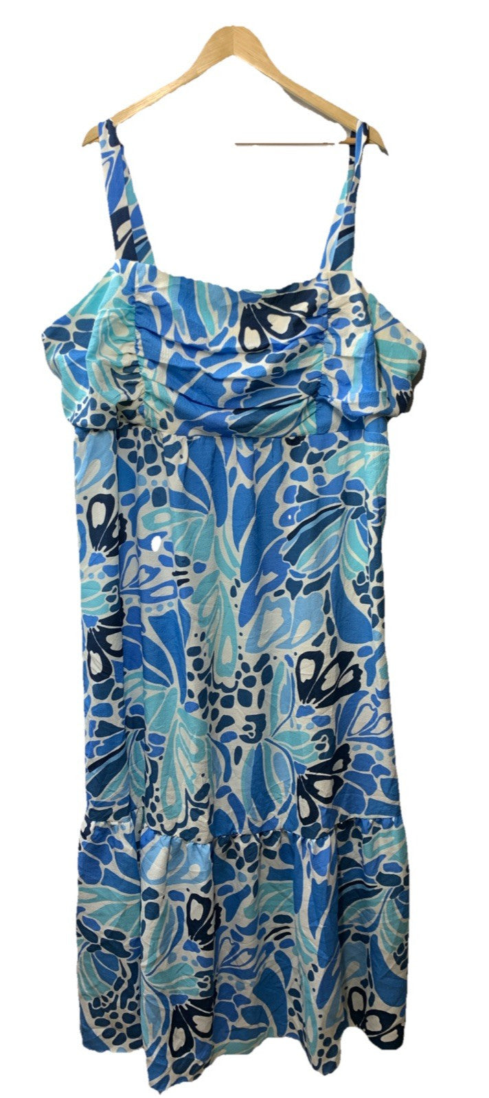 London Times women's cotton smocked back babydoll tiered maxi dress in size 24W, featuring a flowy, tiered design and relaxed fit.