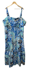 London Times women's cotton smocked back babydoll tiered maxi dress in size 24W, featuring a flowy, tiered design and relaxed fit.