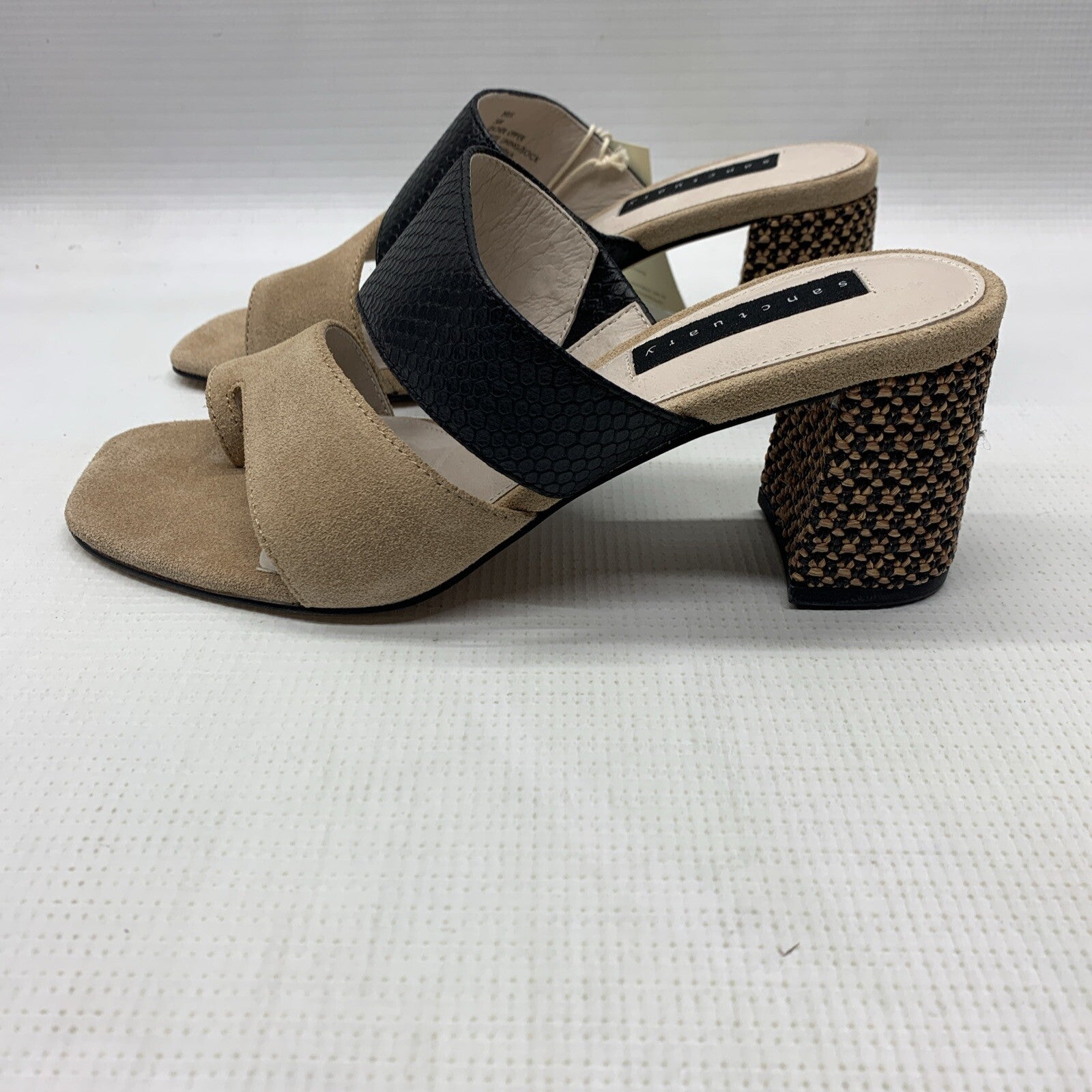 Sanctuary Women's Leather Cafe and Black Brisk Heeled Sandals Size 5.5 Slip-on