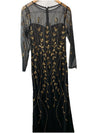 Papell Studio Black Gold Beaded Sequin Long-Sleeve Mesh Dress Cocktail Size 8