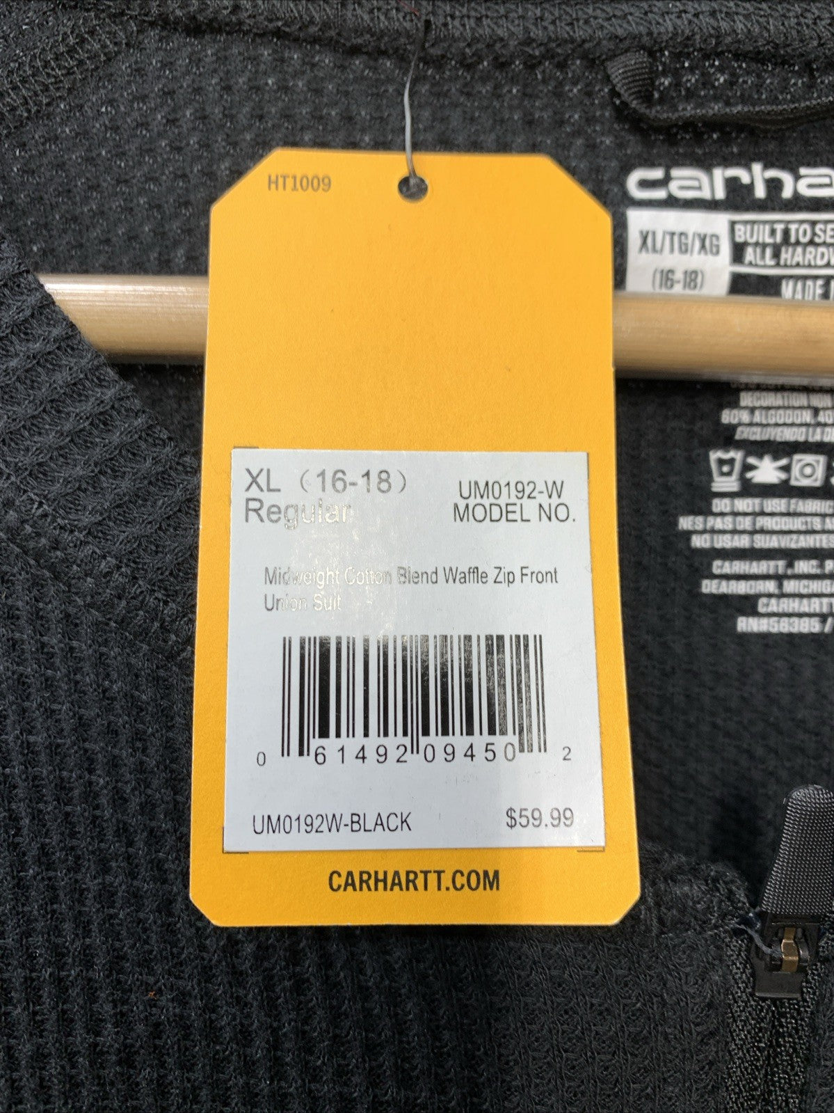 Carhartt Womens Midweight Cotton Blend Waffle Zip Front Union Suit Size XL Black
