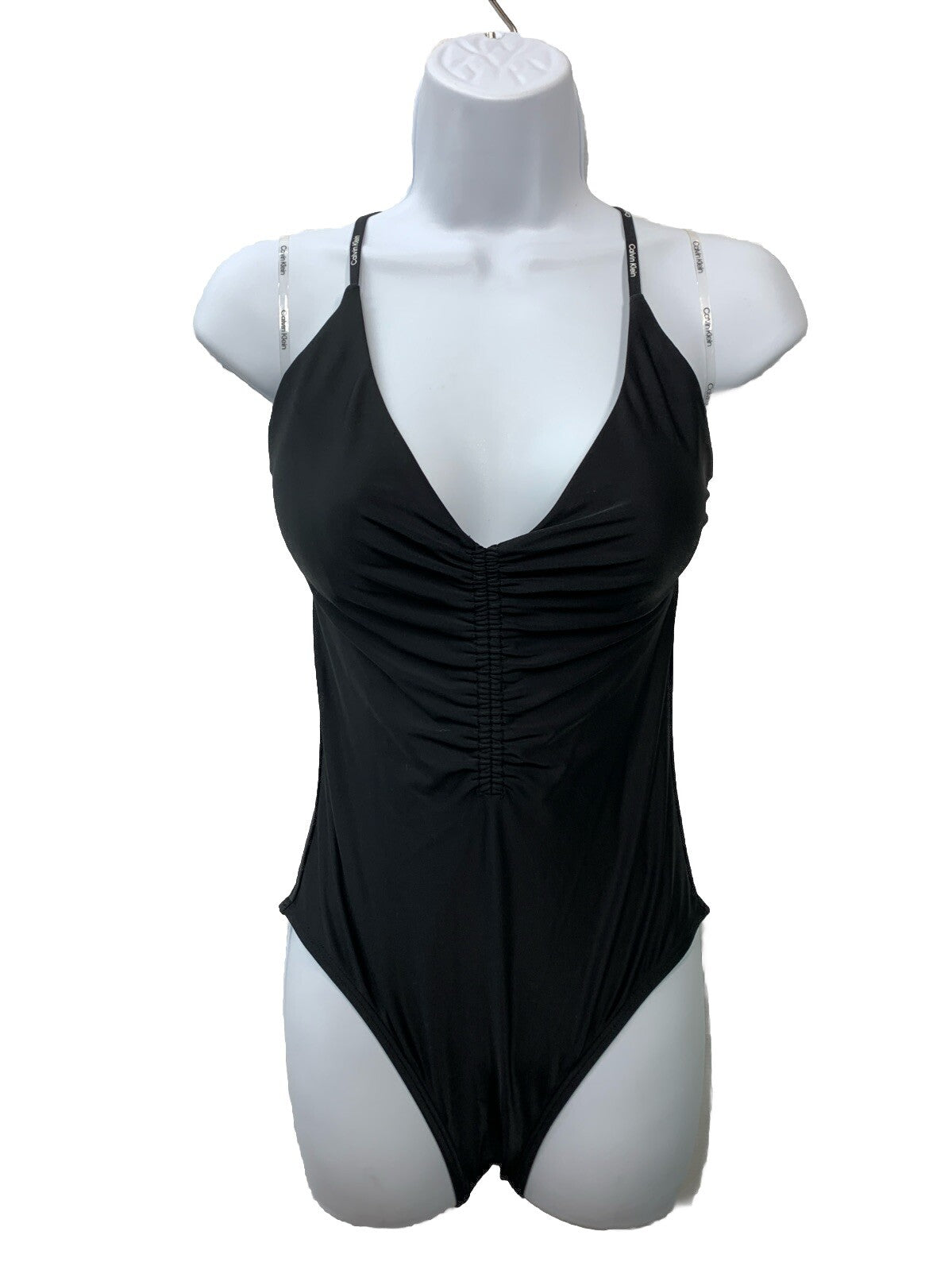 Calvin Klein Women Tie Back Logo Straps One Piece Swimsuit Size L Swimwear Black