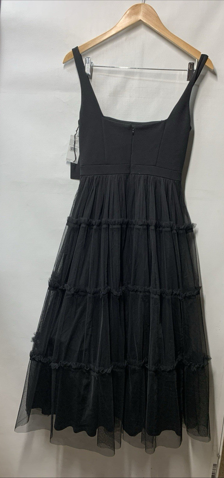 Adrianna Papell women's black square-neck midi mesh dress with back zip closure, size 2, stylish and elegant women's clothing.