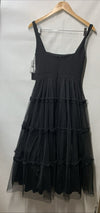 Adrianna Papell women's black square-neck midi mesh dress with back zip closure, size 2, stylish and elegant women's clothing.